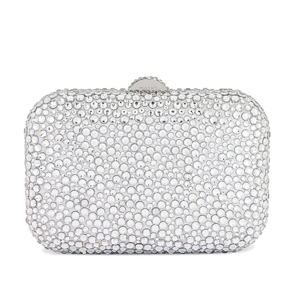 Olga Berg Casey Hot Fix Encrusted Clutch in Silver Snap Closure